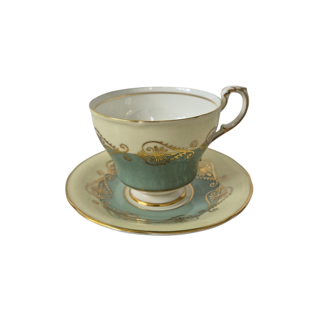 Vintage Paragon Tea Cup and Saucer Set Pastel Yellow & Mint With Gold Gilding